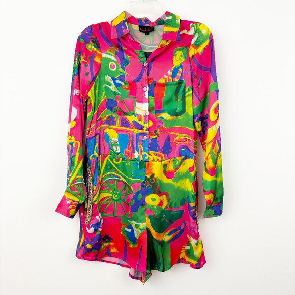 NWT Manish Vaid Colorful Romper Size S Roll Tab Long Sleeve Beaded Embellished - Picture 1 of 16